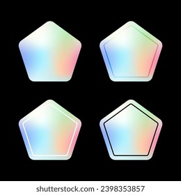 Holographic stickers. Set of hologram tag labels, iridescent foil badge stickers pentagon shape with plain, overlay, white and black border line. Sticker mockup template. Vector illustration.