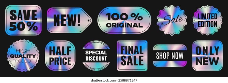 Holographic Stickers set. Labels with holographic Neon effect. Shiny rainbow purple emblems Sale, New, Half Price, Hight Quality Product, Shop Now, Limited Edition. Isolated Vector template