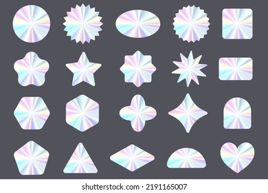 Holographic stickers set. Silver label gradient stamps. Metal texture badges. Iridescent rainbow foil in different geometric shapes. Vector neon emblems.