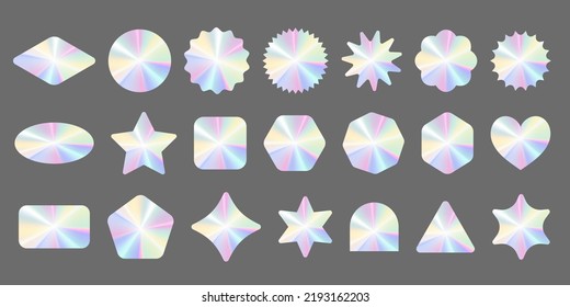 Holographic stickers set  Silver label gradient stamps  Metal texture badges  Iridescent rainbow foil in different geometric shapes  Vector neon emblems 