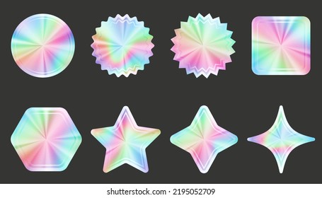 Holographic stickers set. Silver label gradient stamps. Metal texture badges. Iridescent rainbow foil in different geometric shapes. Vector neon emblems.