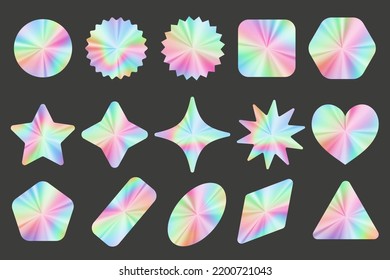 Holographic stickers set. Silver label gradient stamps. Metal texture badges. Iridescent rainbow foil in different geometric shapes. Vector neon emblems.