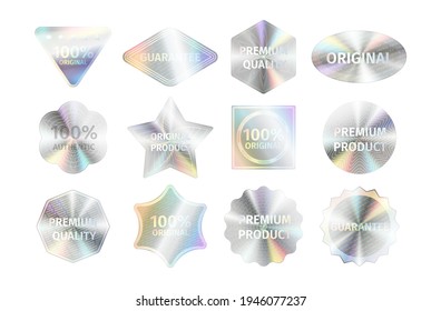 Holographic Stickers Set. Template Hologram Badges With Certification Sign, Authentic And Original Product Symbol. Quality Labels Collection. Vector Illustration