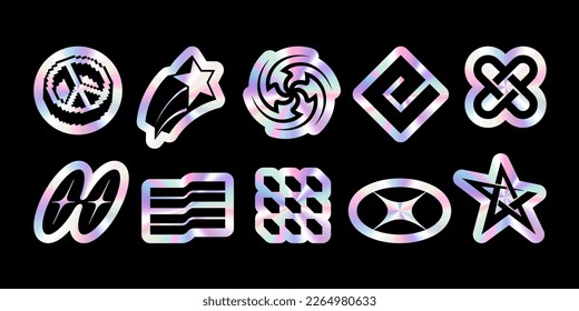 Holographic stickers set in trendy Y2K retro style. Hologram labels of different geometric shapes with glitter foil effect