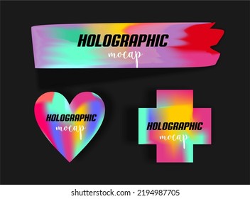 Holographic stickers in the shape of a heart, a wide cross. The strip is holographic, torn. Color fluorescent labels. Layout of galactic, space layouts. Paper stickers. Cosmic iridescence of stickers.