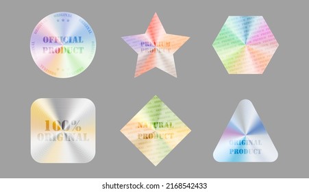 Holographic stickers for stamp. Hologram label set in different shapes. Collection of genuine signs for design. Product certification and guarantee symbol with watermark. Vector isolated illustration - Shutterstock ID 2168542433