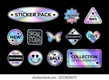 Holographic stickers. Stickerpack with emblems with different inscriptions shimmering with rainbow gradient.