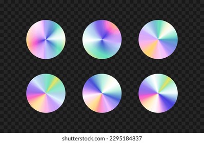 Holographic stickers template. Vector circle hologram labels with different gradient shining.