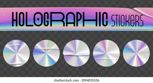 Holographic stickers and wrinkles set  Geometric shapes label and rainbow hologram  Vector elements for modern trend design 