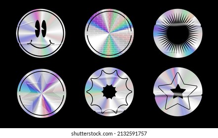 Holographic stickers with wrinkles set. Geometric shapes label with rainbow hologram. Vector elements for modern trend design.