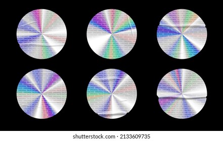 Holographic stickers with wrinkles set. Geometric shapes label with rainbow hologram. Vector elements for modern trend design.