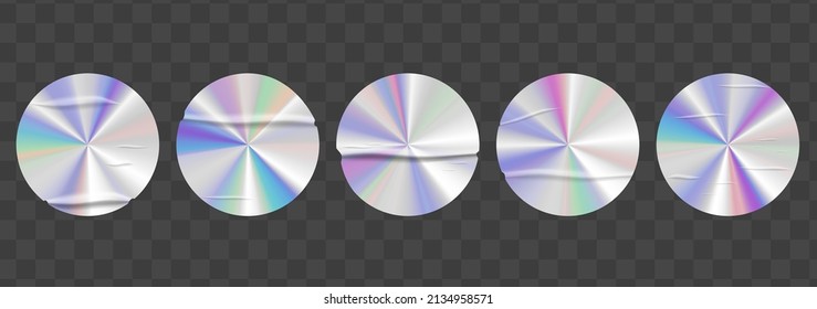 Holographic stickers with wrinkles set. Geometric shapes label with rainbow hologram. Vector elements for modern trend design.