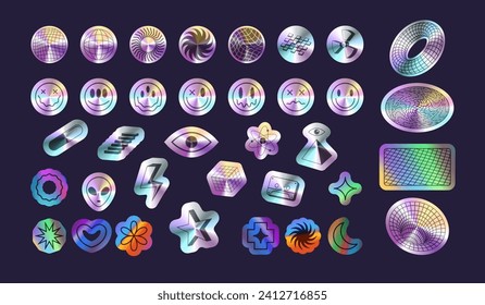 Holographic stickers. Y2k metallic gradient sticker, shiny holo texture retro icons trendy hype smile starburst symbol, acid rainbow hologram, realistic vector illustration of holographic sticker