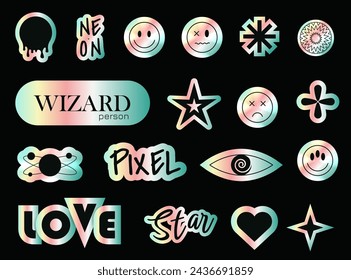Holographic stickers. Y2k metallic gradient sticker. Shine metal badges of various shapes. Gradient sale and discount stickers. Shiny holo texture retro icons.Hype CD effect tag