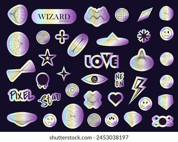 Holographic stickers. Y2k metallic gradient sticker. Shine metal badges of various shapes. Gradient sale and discount stickers. Shiny holo texture retro icons.Hype CD effect tag