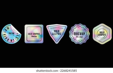 Holographic Stickers.Sticker shapes for design mockups. Hologram labels of different shapes.Holographic textured stickers for preview tags, labels. illustration Vector.