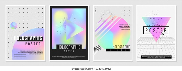 Holographic Style poster set. Creative neon color templates with dynamic text. geometric vector shapes with bright gradients. to be used in ad, promotion, part invitation, announcement, banner, web.  