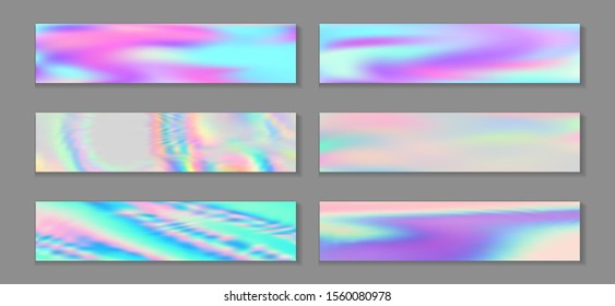 Holographic stylish banner horizontal fluid gradient mermaid backgrounds vector collection. Iridescent hologram texture gradients. Fluid liquid print minimal mermaid backgrounds.