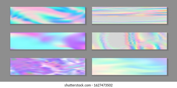 Holographic stylish flyer horizontal fluid gradient princess backgrounds vector collection. Pearlecent holography texture gradients. Fluid liquid effect abstract princess backgrounds.