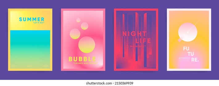 Holographic summer modern gradient poster set design for background, placards, banners, book and notebook covers. Blurry futuristic 70s vintage gradient post. Vector aesthetic summer collection.