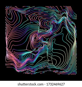 Holografische Oberfläche mit glitzernder, wellenförmiger Struktur. Retrofuturistische Illustration in 80er-90er-Jahren Synthwave- und Retrowave-Chrome-Farbgebung.