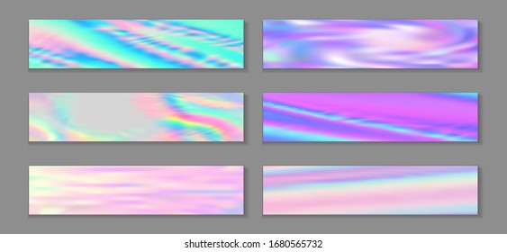 Holographic surreal flyer horizontal fluid gradient unicorn backgrounds vector set. Foil holographic texture gradients. Fluid graphic design fashionable unicorn backgrounds.