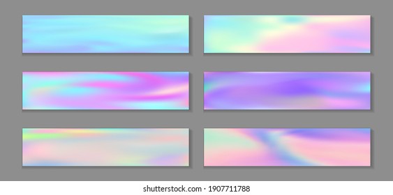 Colección vectorial de fondo de sirena de gradiente de fluido horizontal de volante surrealista holográfico. Gradientes de textura holográfica de opalescencia. Líquido líquido de impresión mínima fondo de sirena.