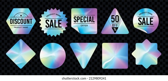 Holographic tag . Sale hologram labels, special offers and discount neon gradient banners. Vector set