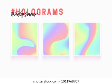Holographic texture backgrounds. Modern abstract hologram pattern, colorful fluid paint design. Gradient futuristic shapes. Brochure label, layout flyer, poster, banner vector illustration.