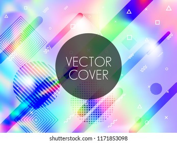 Holographic texture cover memphis neon colors background. Stylish fashion cover background with neon gradient hologram, halftone and memphis confetti. Holographic vector design for presentation.