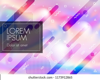 Holographic texture cover memphis neon colors background. Chic fashion cover background with neon gradient hologram, halftone and memphis confetti. Holographic vector design for poster.