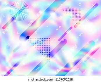 Holographic texture cover memphis neon colors background. Minimalist business cover background with neon gradient hologram, halftone and memphis confetti. Holographic vector design for booklet.