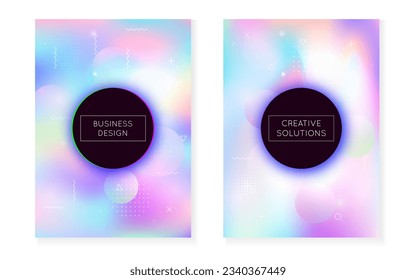 Holografische Textur. Dynamische Punkte. blauer magischer Hintergrund. Neon Form. Schlaues Poster. Geometrisches Design. Retro Iridescent Magazine. Einflieger. violettes, holografisches Textil