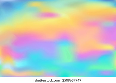 Holographic texture rainbow backdrop vector design. Pearlescent hologram dreamy cover. Party banner surreal backdrop. Blur radiance abstract pattern. Modern holography wallpaper.