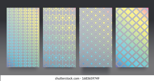 Holographic textures. textures. Glitter foil confetti and metal rainbow gradient, pink and blue retro design. Vector trendy neon hologram with luminous patterns for elegant background.