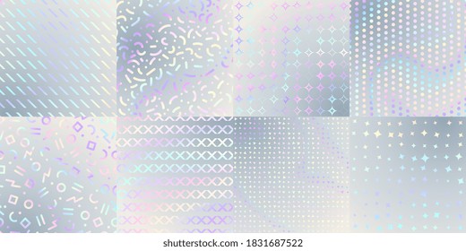Holographic textures. Iridescent foil, hologram poster cover or print. Metallic rainbow, abstract art gradient glitter patterns vector set