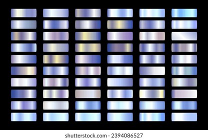 Holographic textures set. Colorful hologram chrome metal gradients set. Neon blue backgrounds vector design. Chrome texture surface template collection for background, screen, mobile, digital, app