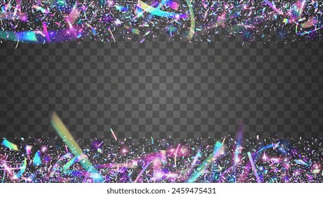 Holographic Tinsel. Blue Light Glitter. Happy Pattern. Hologram Confetti. Disco Surprise Cristals. Party Sparkle. Cristal Ribbon. Modern Dust. Purple Holographic Tinsel