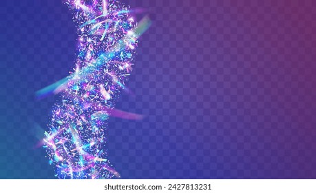 Holographic Tinsel. Falling Poster. Digital Banner. Glare Pattern. Rainbow Glitter. Disco Isolated Illustration. Pink Light Background. Carnival Confetti. Purple Holographic Tinsel
