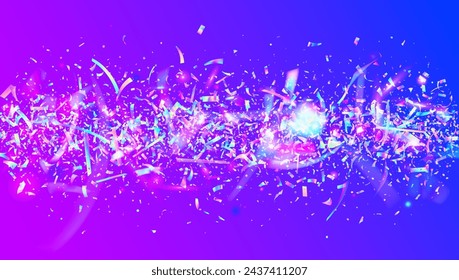 Holographic Tinsel. Unicorn Burst. Transparent Paper. Happy Concept. 3d Abstract Cristals. Digital Banner. Cristal Design. Blue Light Background. Pink Holographic Tinsel