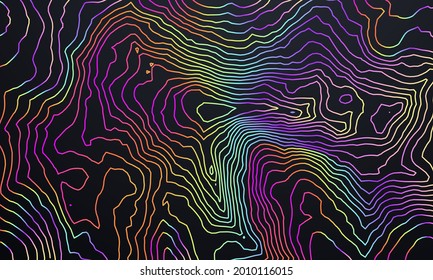 Patrón topográfico holográfico. Ilustración vectorial del fondo topográfico del mapa de alturas. Antecedentes abstractos con relieve cartográfico iridiscente. Decoración de diseño moderno de afiches