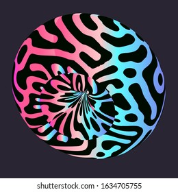 Holographic torus with bionic organic pattern on dark background. Psychedelic surreal illustration.