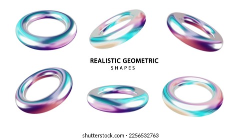 Holographic torus shapes set isolated on white background. Gradient holographic color realistic primitives . Abstract decorative vector figure for trendy design