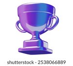 Holographic trophy 3D icon. Purple and blue neon winner prize or award symbol vector illustration isolated on white.