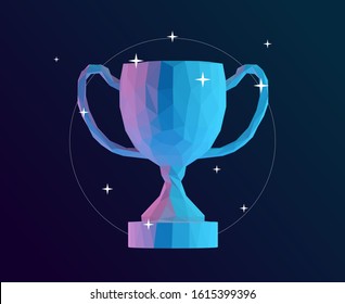Holographic Trophy Cup on Isolated Background. Vibrant Low Poly Vector 3D Rendering