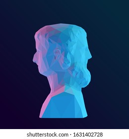 Holographic Two-faced Janus, Greek God Of Time On Isolated Background. Vibrant Low Poly Vector 3D Rendering