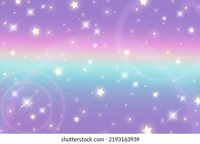 Holographic unicorn background with iridescent rainbow and glitter. Gradient pastel sky with sparkles. Galaxy wallpaper. Vector illustration.