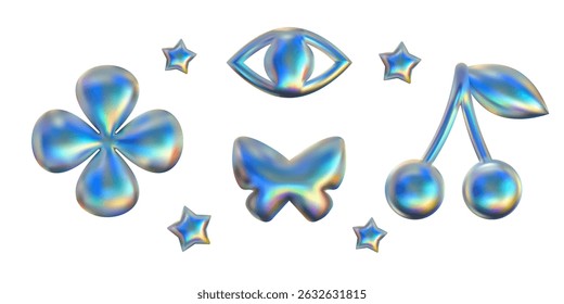 Holographic vector 3d shapes set. Y2k abstract emoji. Cherry, eye, butterfly and flower. Summer metallic shining gradient elements, liquid chrome effect