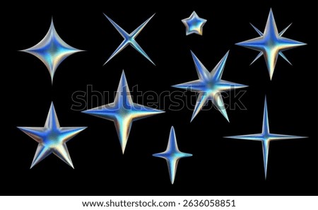 Holographic vector 3d twinkle set. Metal star shape, glossy sparkle bling form collection. Y2k stickers isolated