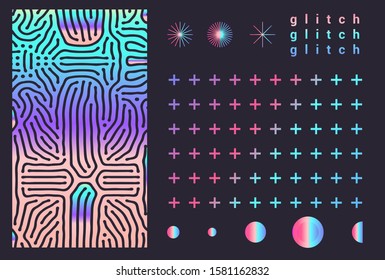 Holographic vector background with glitched stains in retrofuturistic vaporwave, synthwave, retrowave style of 80s-90s. Generative glitched surface in neon color tones.